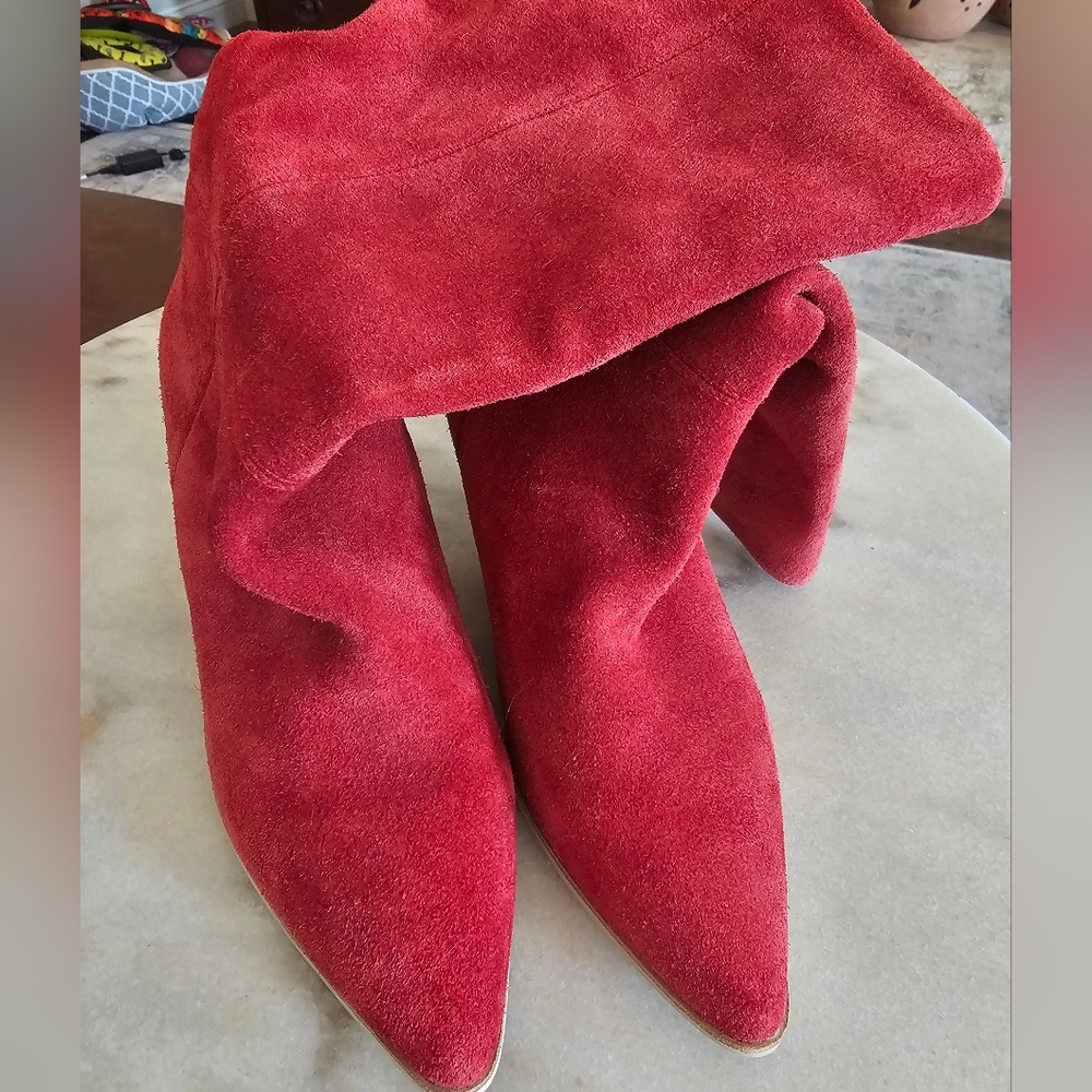 Red suede calf height shaft boot